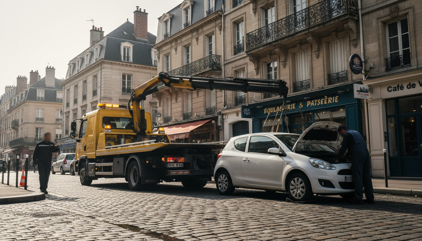 Dépanneuse Fast Depann intervenant sur une voiture en panne dans une rue animée d'Argenteuil, avec des bâtiments typiques de la ville en arrière-plan.
