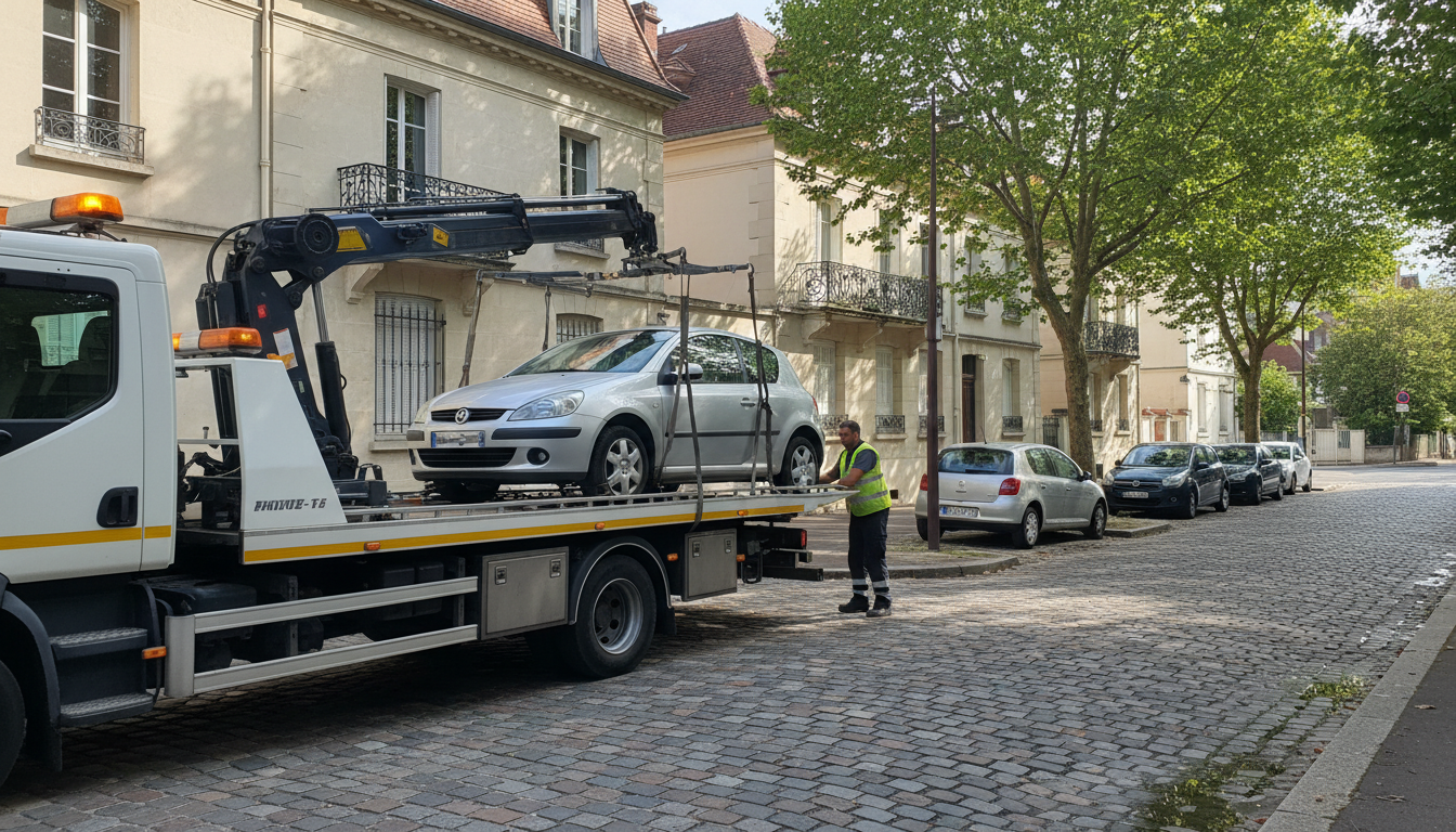 Dépanneuse Fast Depann intervenant sur une voiture en panne dans une rue d'Arnouville.