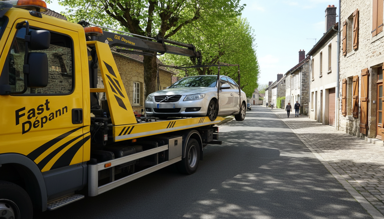 Un dépanneur Fast Depann en pleine intervention pour un dépannage auto à Arronville, assistant une voiture en panne sur une rue résidentielle.