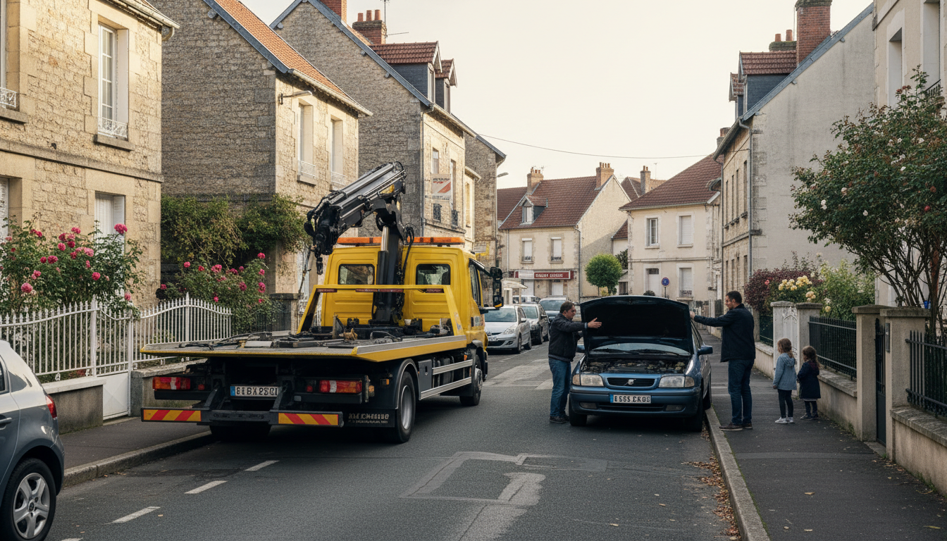 Dépanneuse de Fast Depann intervenant sur une voiture en panne dans une rue résidentielle d'Attainville, Val D'Oise.