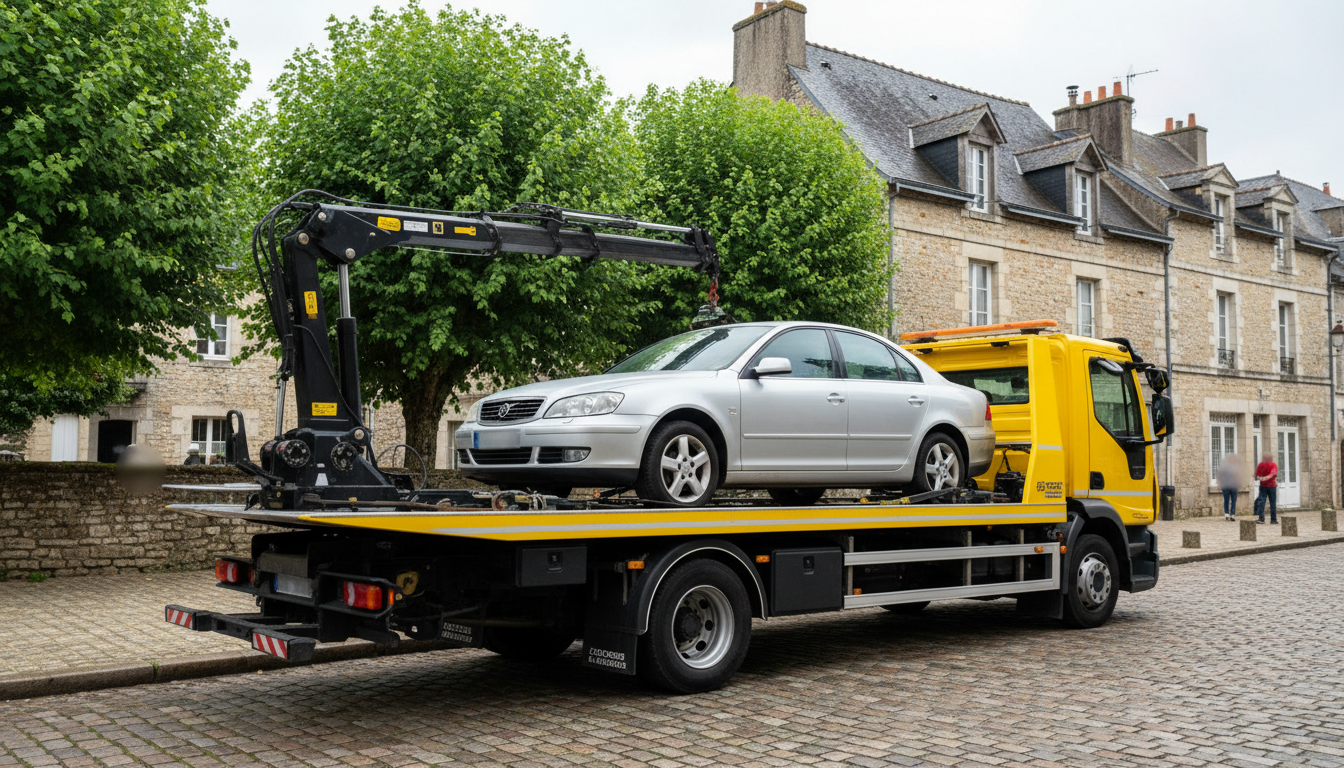 Dépanneuse Fast Depann en intervention sur une voiture en panne dans une rue pavée d'Auvers-sur-Oise