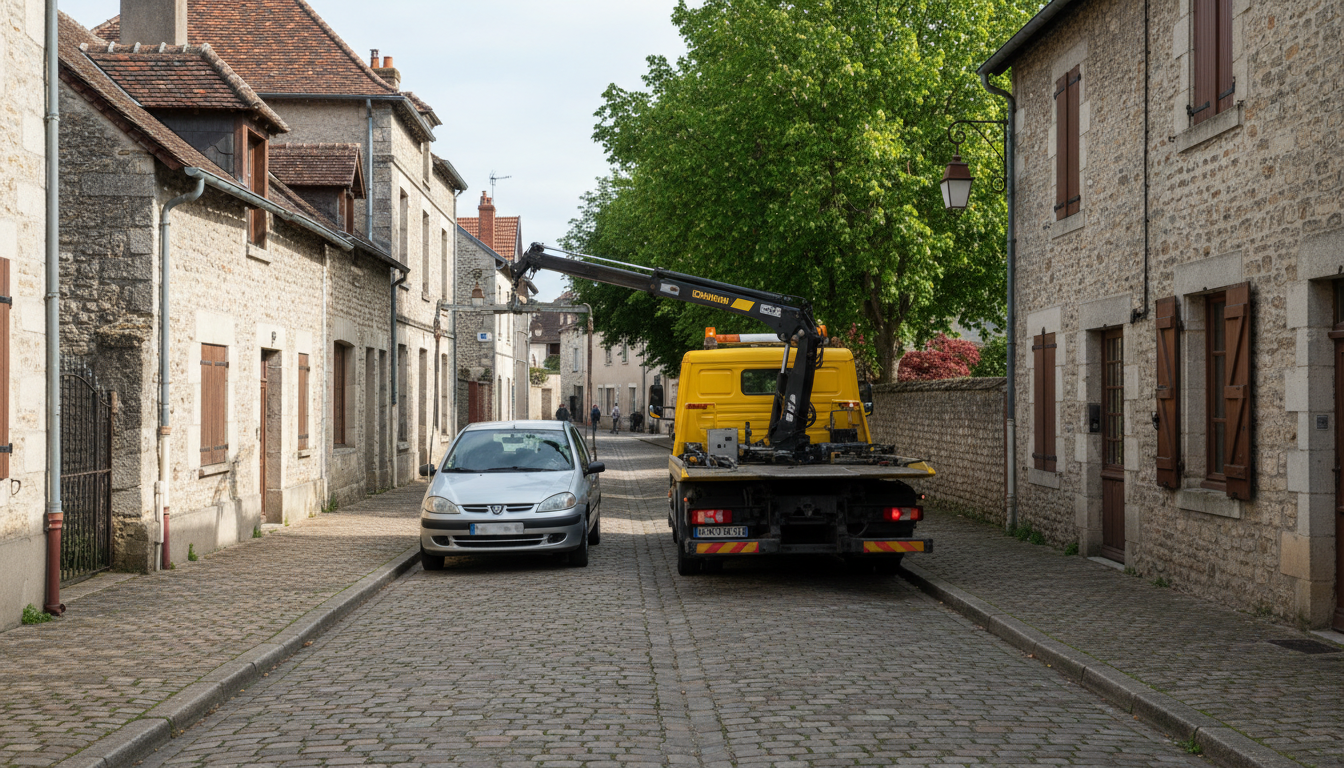 Dépanneuse Fast Depann intervenant sur une voiture en panne dans une rue résidentielle d'Avernes, Val d'Oise, en pleine journée.