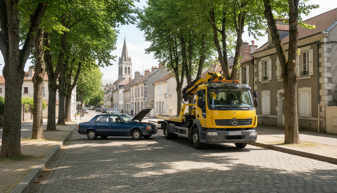 Un dépanneur Fast Depann en action à Banthelu, remorquant une voiture en panne sur une route de village typique du Val-d'Oise.