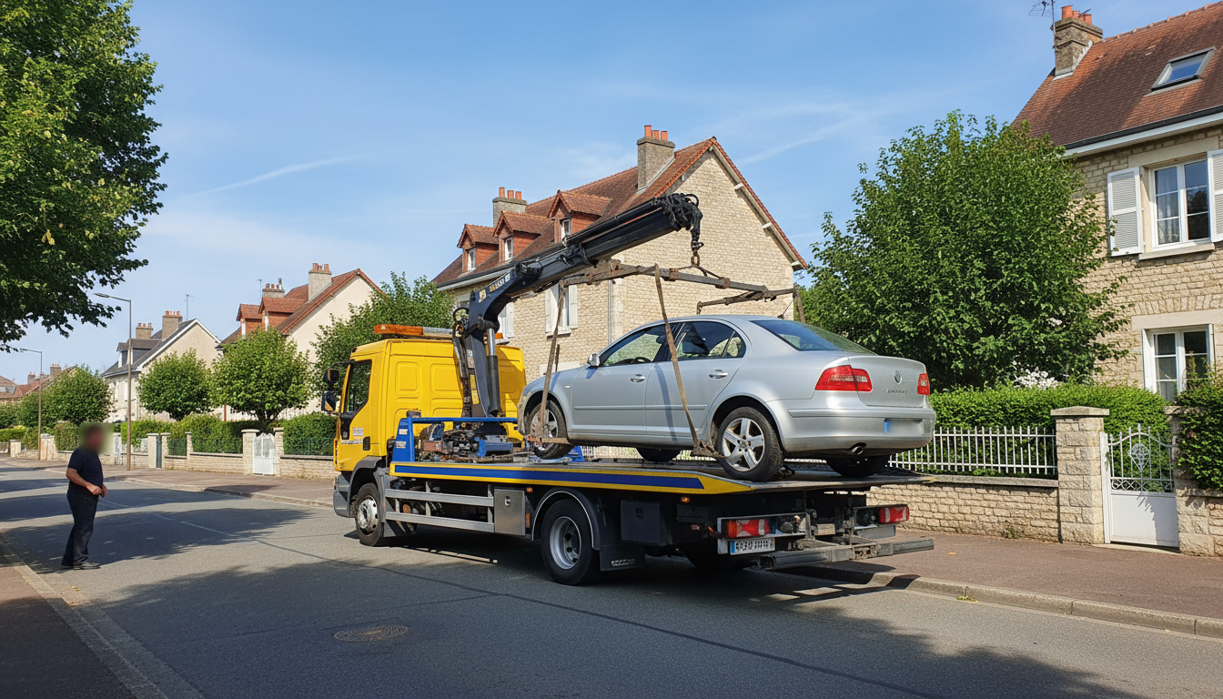 Dépanneuse moderne de Fast Depann intervenant sur une voiture en panne dans une rue résidentielle de Beauchamp, Val d'Oise, en plein jour.