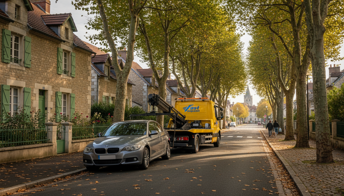 Un dépanneur Fast Depann intervenant sur une voiture en panne dans une rue résidentielle de Belloy-en-France.