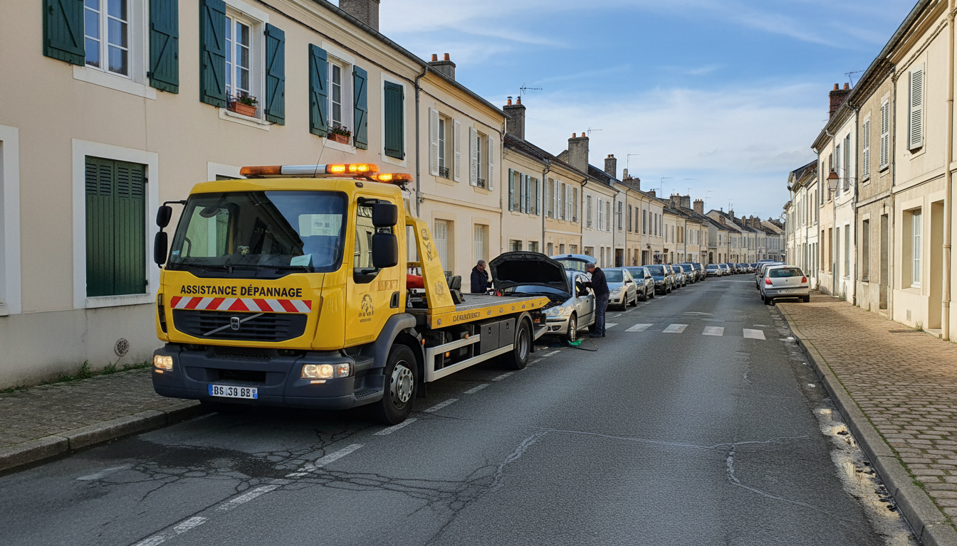 Un dépanneuse Fast Depann intervient pour un dépannage auto sur une rue résidentielle de Bernes-sur-Oise, Val d'Oise.
