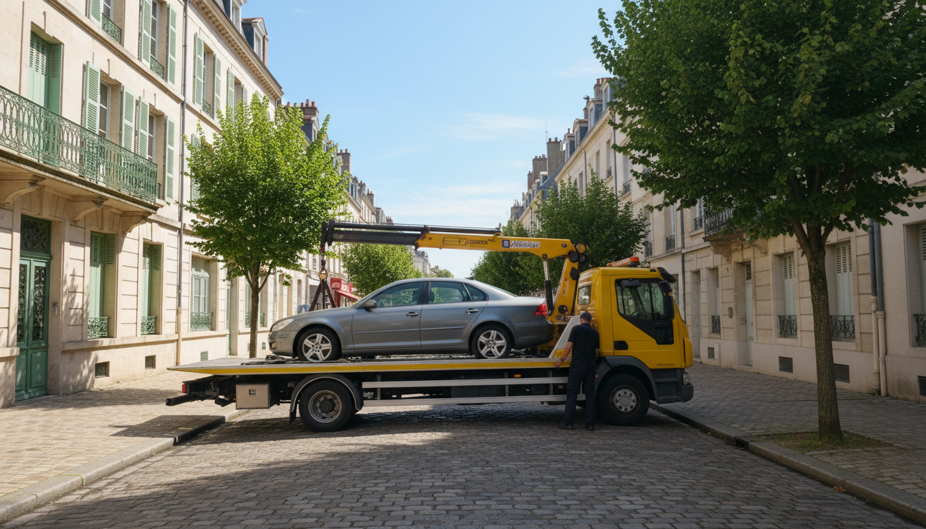 Dépanneuse Fast Depann en intervention pour un dépannage auto à Bessancourt, Val d'Oise, sur une rue résidentielle.