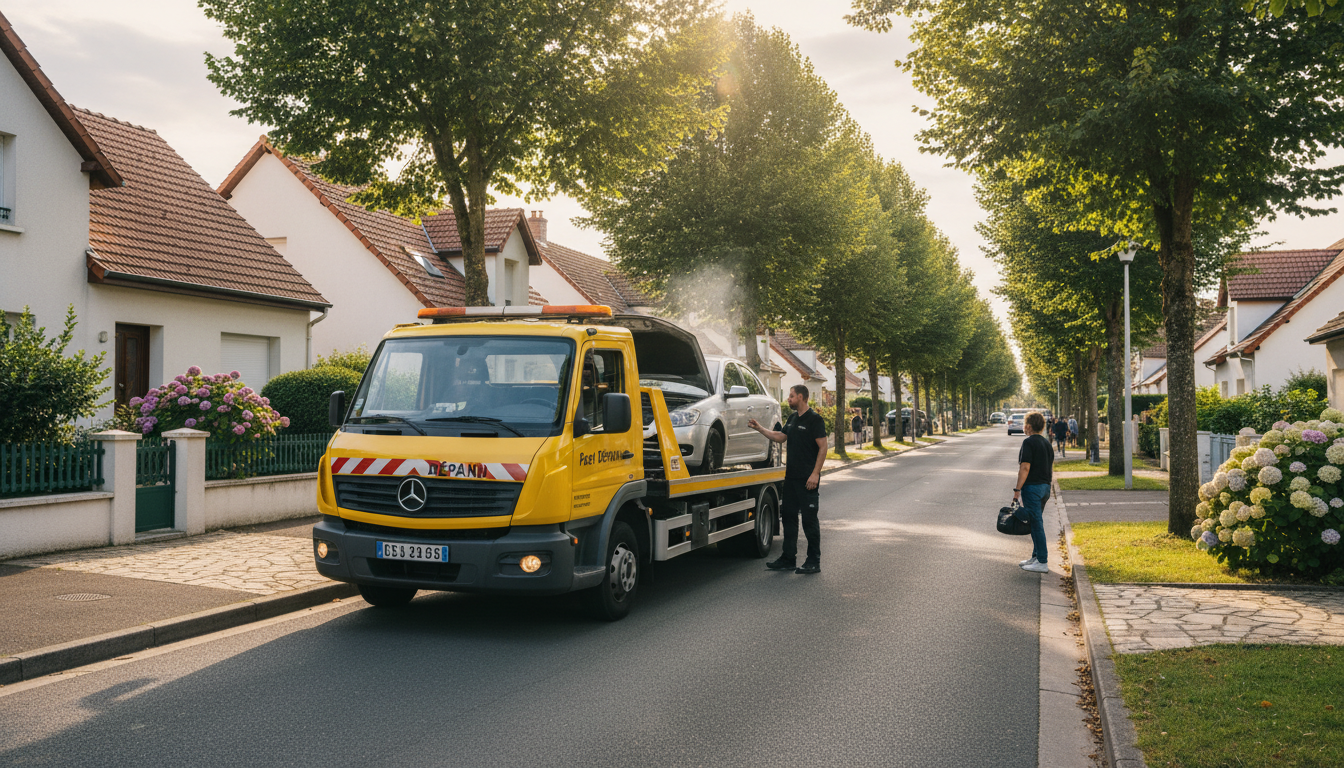 Dépanneuse Fast Depann intervenant sur une voiture en panne dans une rue résidentielle de Boisemont, Val d'Oise.