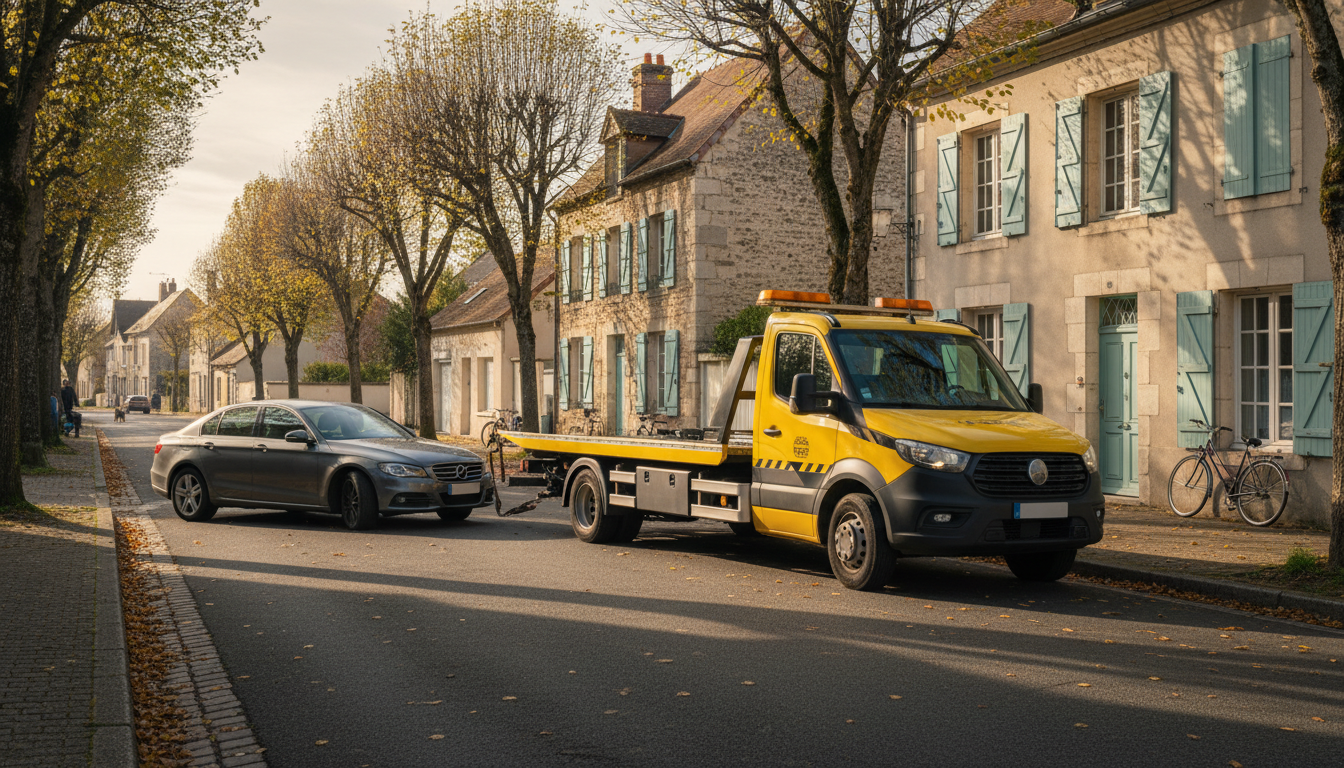 Dépanneuse Fast Depann intervenant sur une voiture en panne à Bouqueval, Val d'Oise.