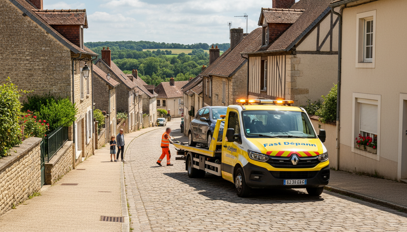 Dépanneuse Fast Depann intervenant sur une voiture en panne dans une rue de Bray-et-Lû, Val d'Oise.