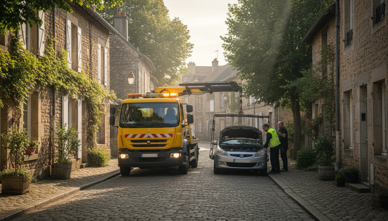Dépanneuse Fast Depann intervenant sur une panne de voiture dans une rue de Buhy, Val d'Oise.