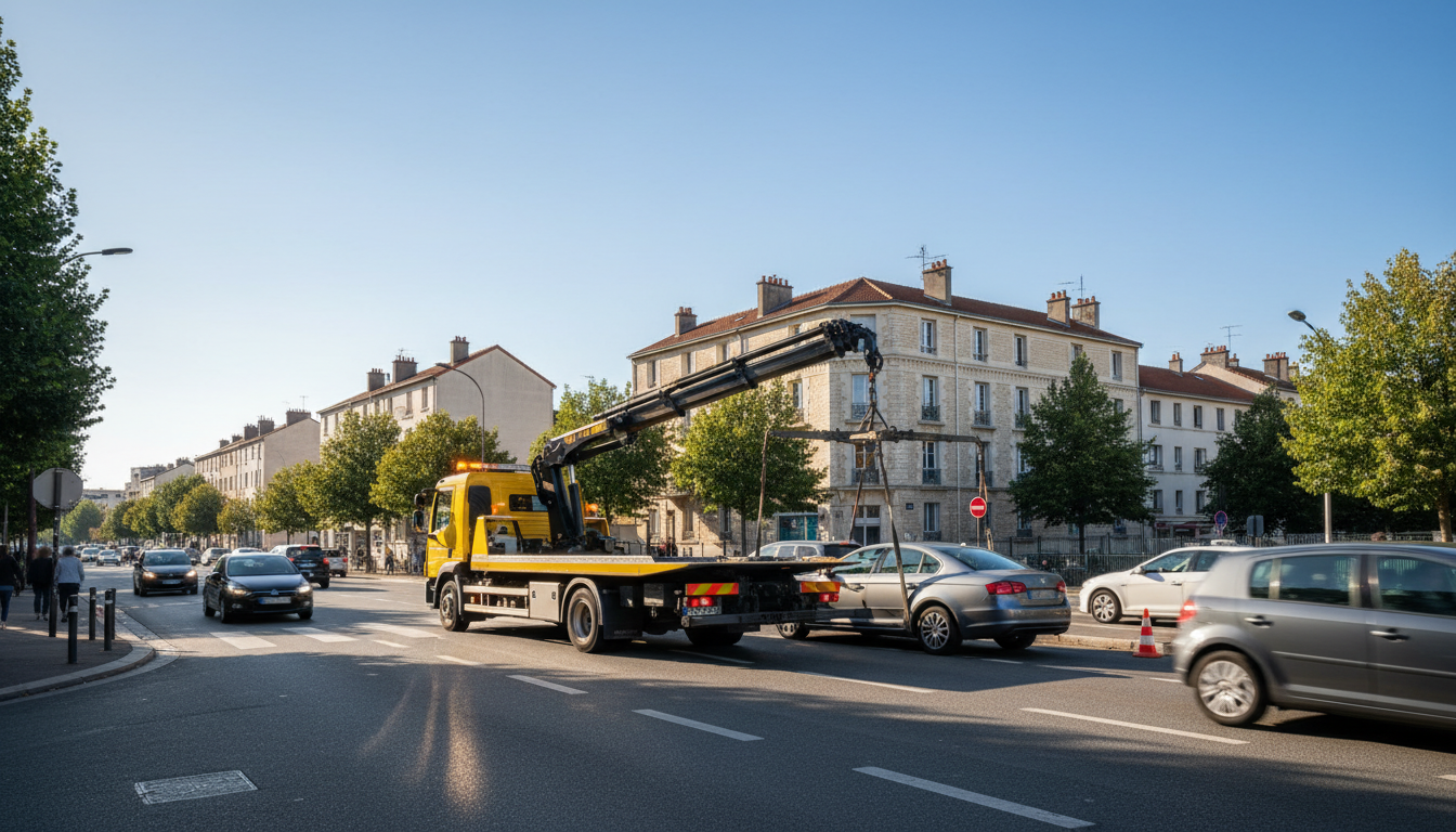 Dépanneuse Fast Depann intervenant sur une voiture en panne dans une rue de Cergy, Val d'Oise.