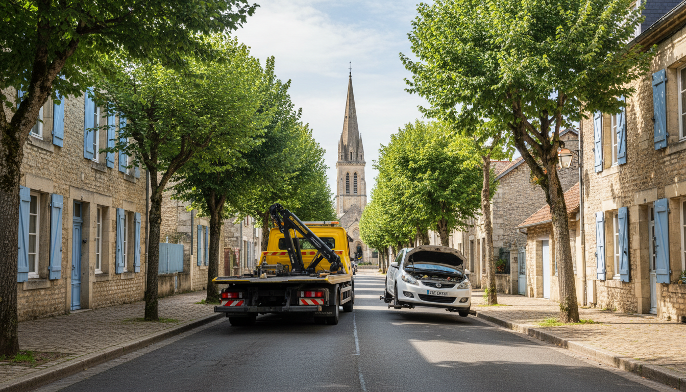 Un camion de dépannage moderne de Fast Depann intervient sur une voiture en panne dans une rue typique de Chaussy, Val d'Oise, avec des maisons en pierre et de la verdure en arrière-plan.