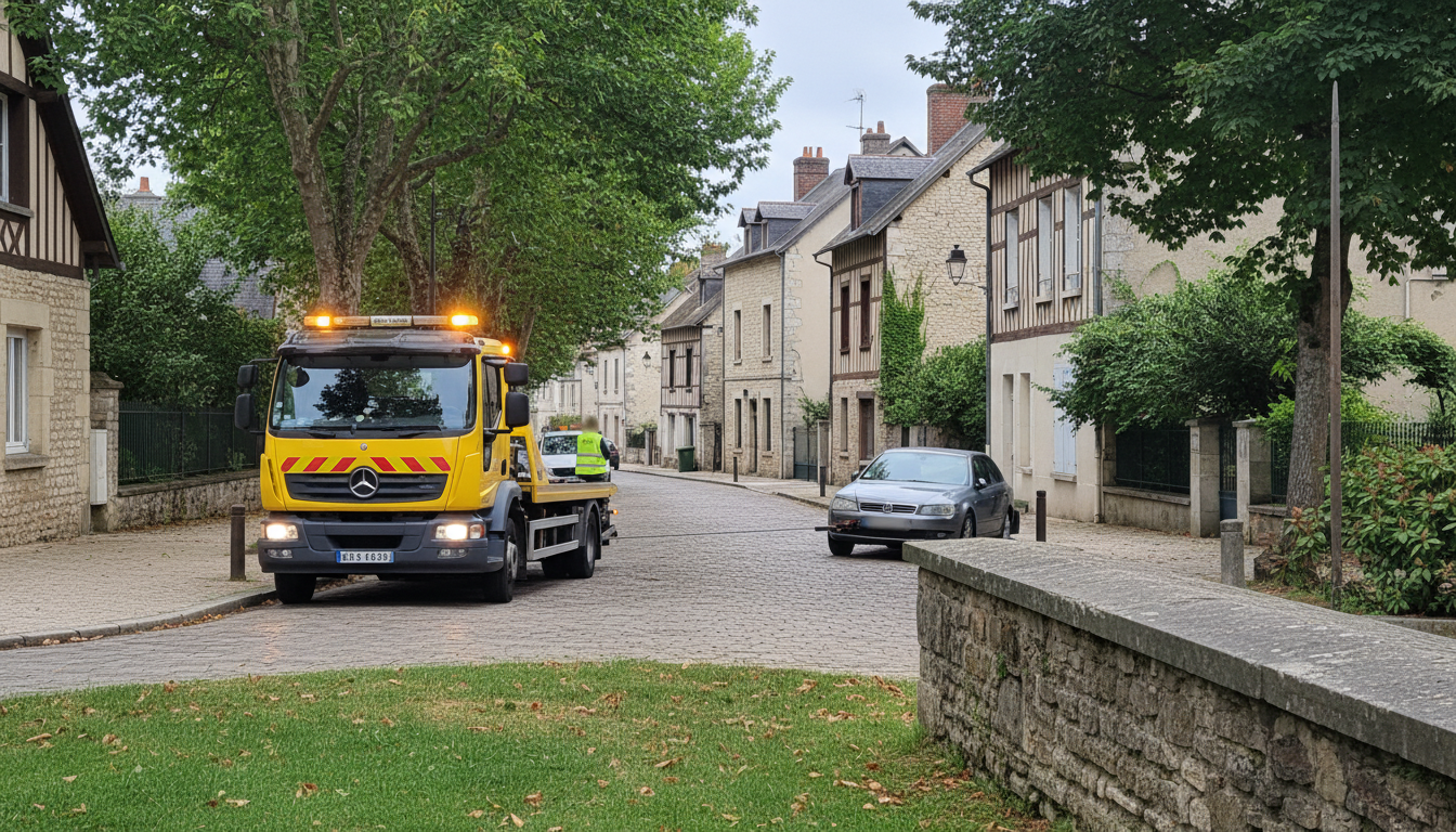 Un dépanneur Fast Depann intervient sur une voiture en panne dans une rue de Chauvry, Val d'Oise (95).