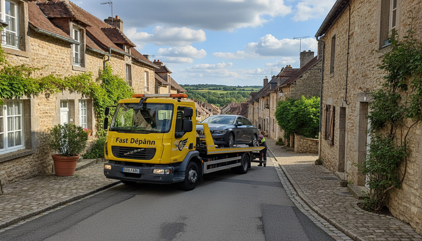Un dépanneur Fast Depann en intervention sur une voiture en panne dans les rues de Chérence, Val d'Oise.