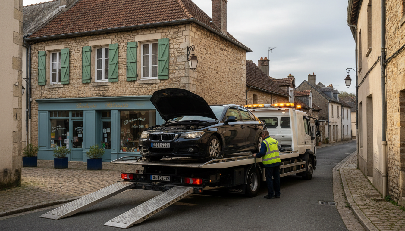 Dépanneuse Fast Depann intervenant sur une voiture en panne à Cléry-en-Vexin, Val d'Oise.