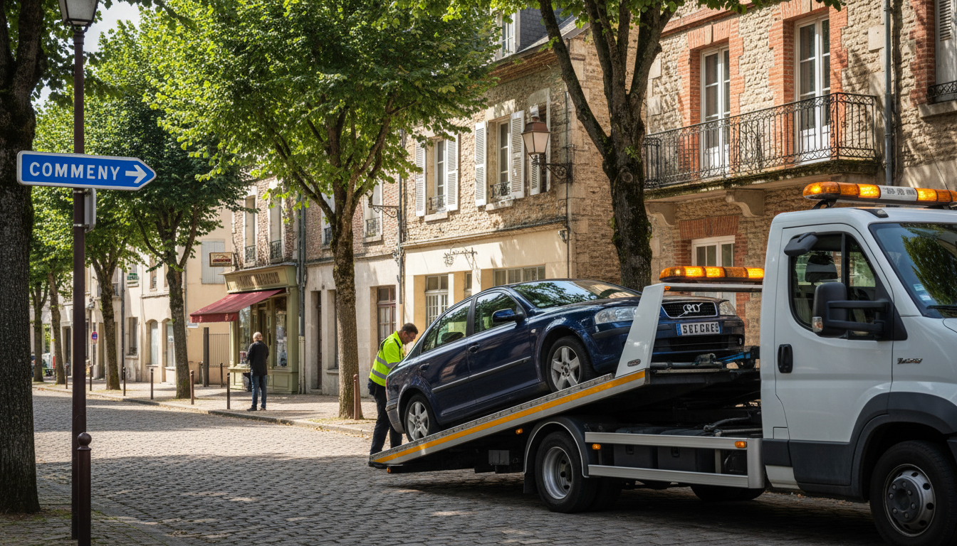 Un dépanneur Fast Depann en pleine intervention sur une voiture en panne dans une rue résidentielle de Commeny, Val d'Oise, sous un ciel clair.