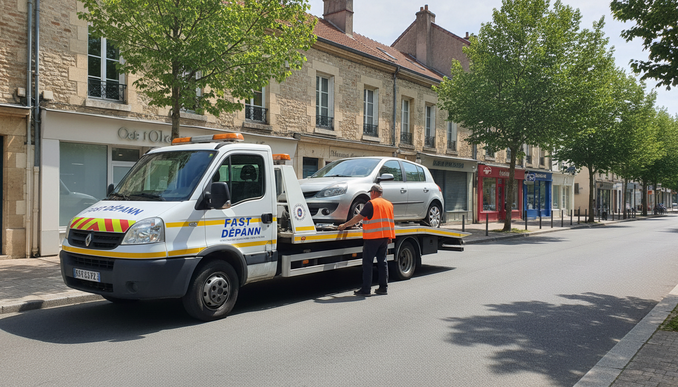 Dépanneuse Fast Depann intervenant sur une voiture en panne dans une rue de Cormeilles-en-Parisis.