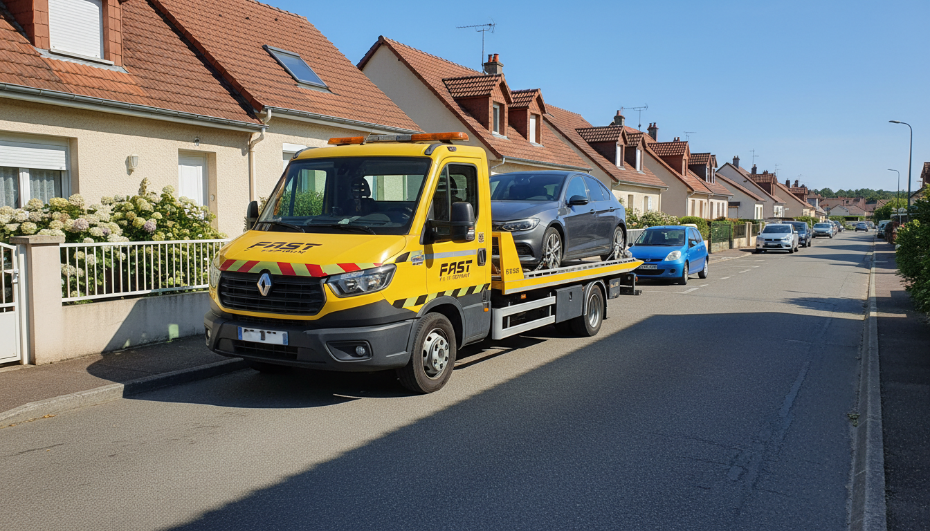 Un camion de dépannage Fast Depann remorquant une voiture en panne dans une rue résidentielle de Courdimanche, Val d'Oise.