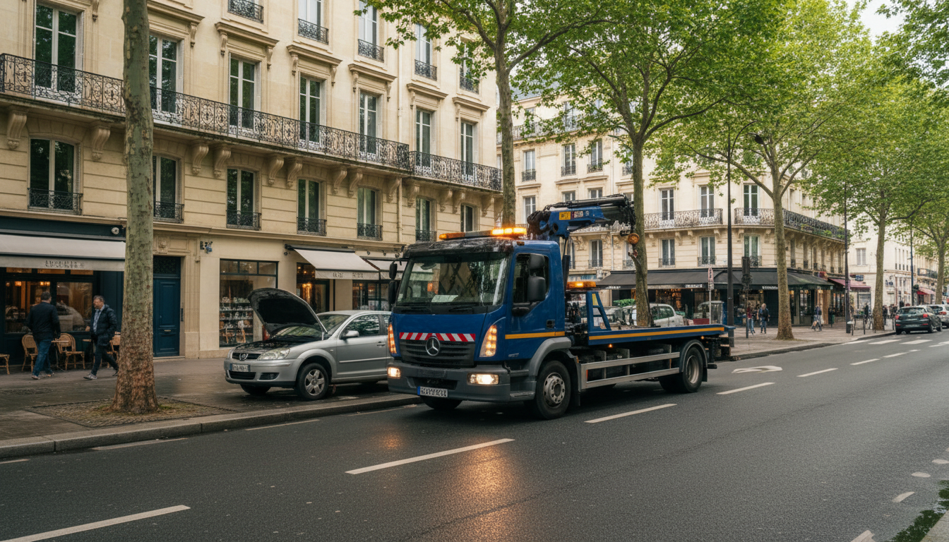 Un camion de dépannage Fast Depann intervient sur une voiture en panne dans une rue résidentielle d'Eaubonne, Val d'Oise.