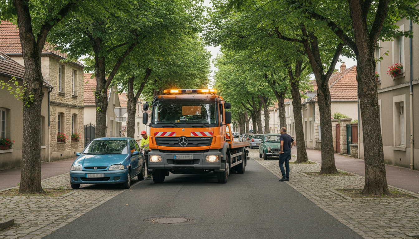Un dépanneur Fast Depann intervient sur une voiture en panne dans une rue typique de Frémécourt, Val d'Oise.