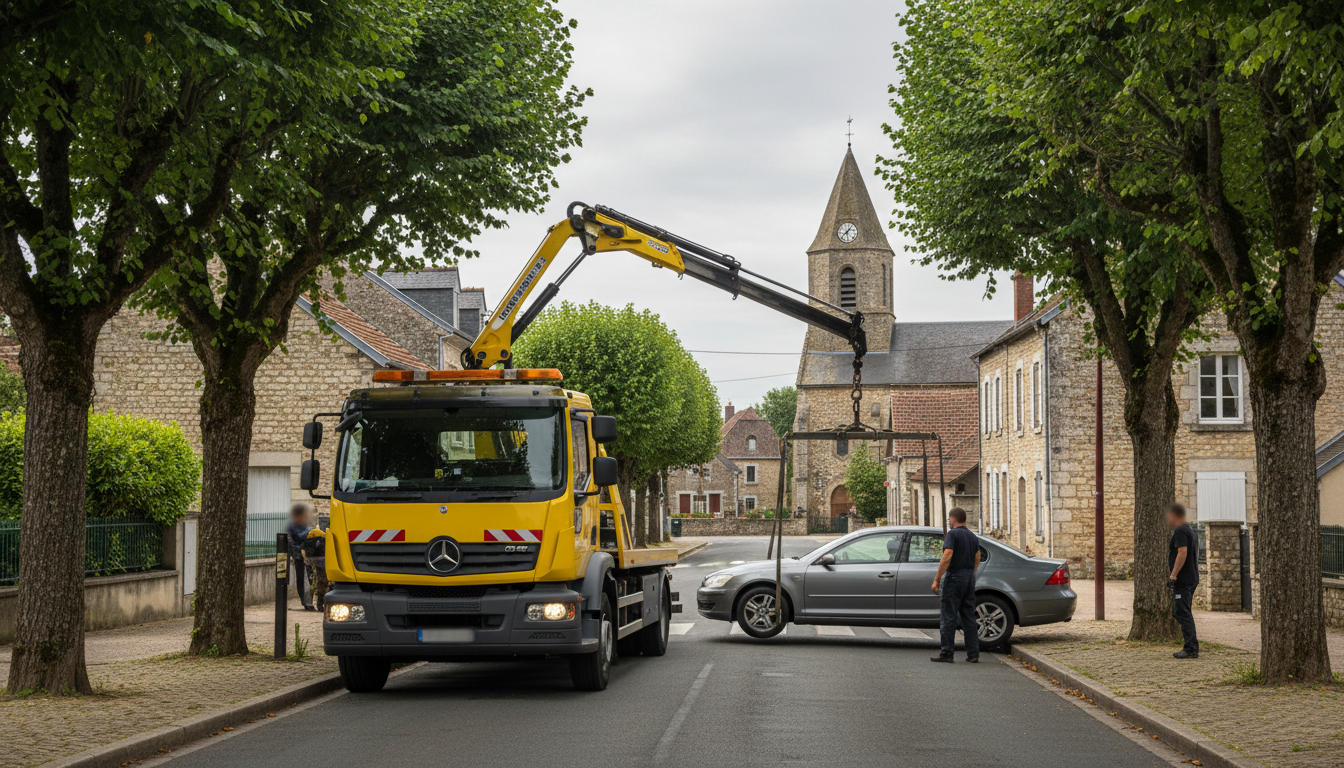 Un dépanneur Fast Depann en pleine intervention pour un dépannage auto à Frépillon, sur une rue résidentielle du village.