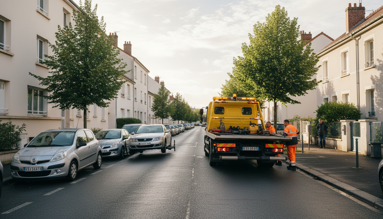 Un dépanneur Fast Depann intervient rapidement avec son camion de remorquage pour assister un véhicule en panne dans une rue de Goussainville, Val d'Oise.