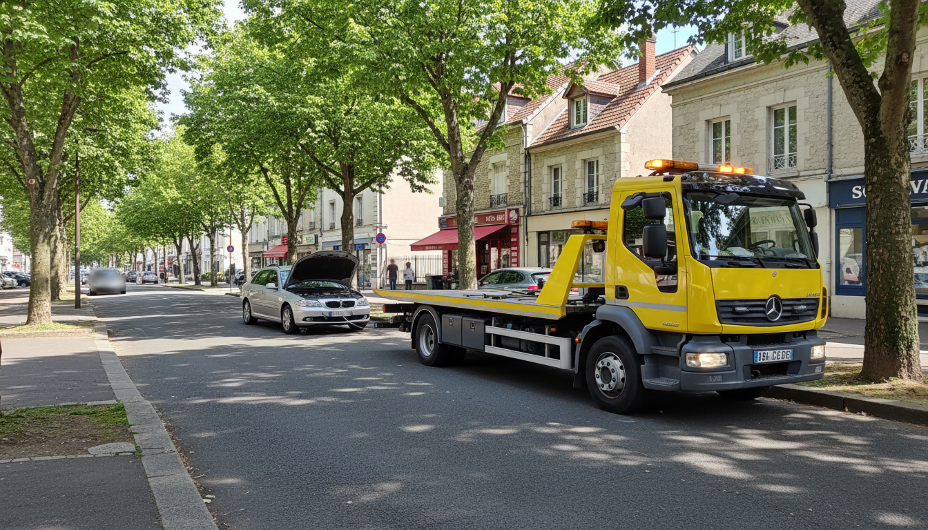 Dépanneuse Fast Depann intervenant sur une voiture en panne dans une rue résidentielle de Groslay, Val d'Oise.