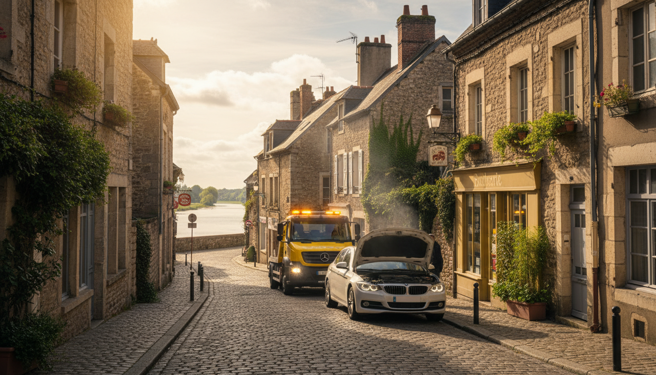 Dépanneuse Fast Depann intervenant sur une voiture en panne dans une rue typique de Haute-Isle, Val d'Oise, avec des maisons en pierre et la Seine en arrière-plan.
