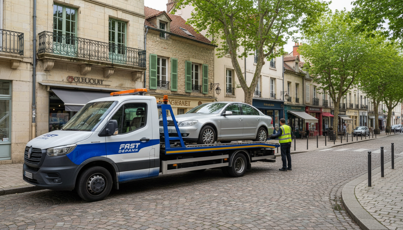 Dépanneuse Fast Depann intervenant sur une voiture en panne à Herblay-sur-Seine, Val d'Oise, sur une rue résidentielle.
