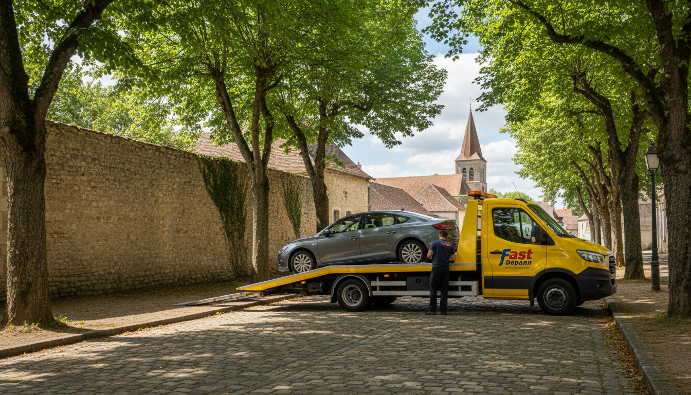 Dépanneuse Fast Depann intervenant sur une voiture en panne dans une rue d'Hérouville-en-Vexin, Val d'Oise.