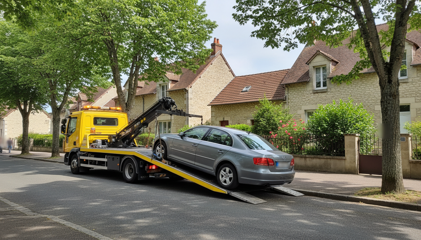 Un véhicule de dépannage Fast Depann remorque une voiture en panne dans une rue résidentielle de Jagny-sous-Bois, Val d'Oise.