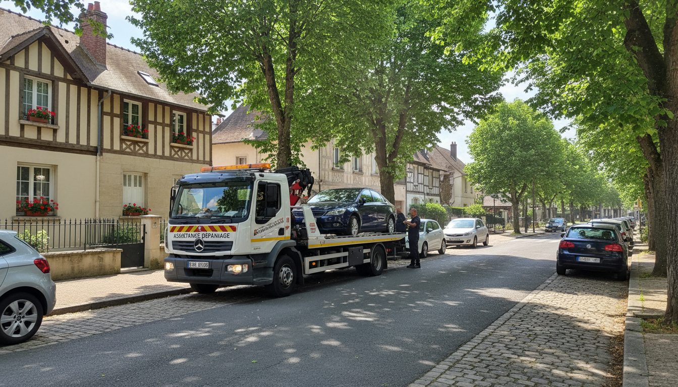 Un camion de dépannage Fast Depann intervient auprès d'une voiture en panne dans une rue résidentielle de Jouy-le-Moutier.