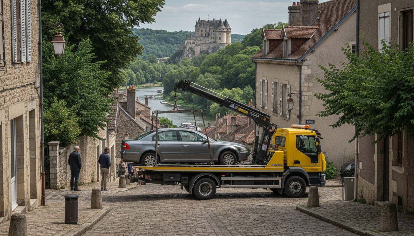 Un dépanneur Fast Depann intervient rapidement avec sa dépanneuse moderne pour assister une voiture en panne dans les rues pittoresques de La Roche-Guyon, Val d'Oise.