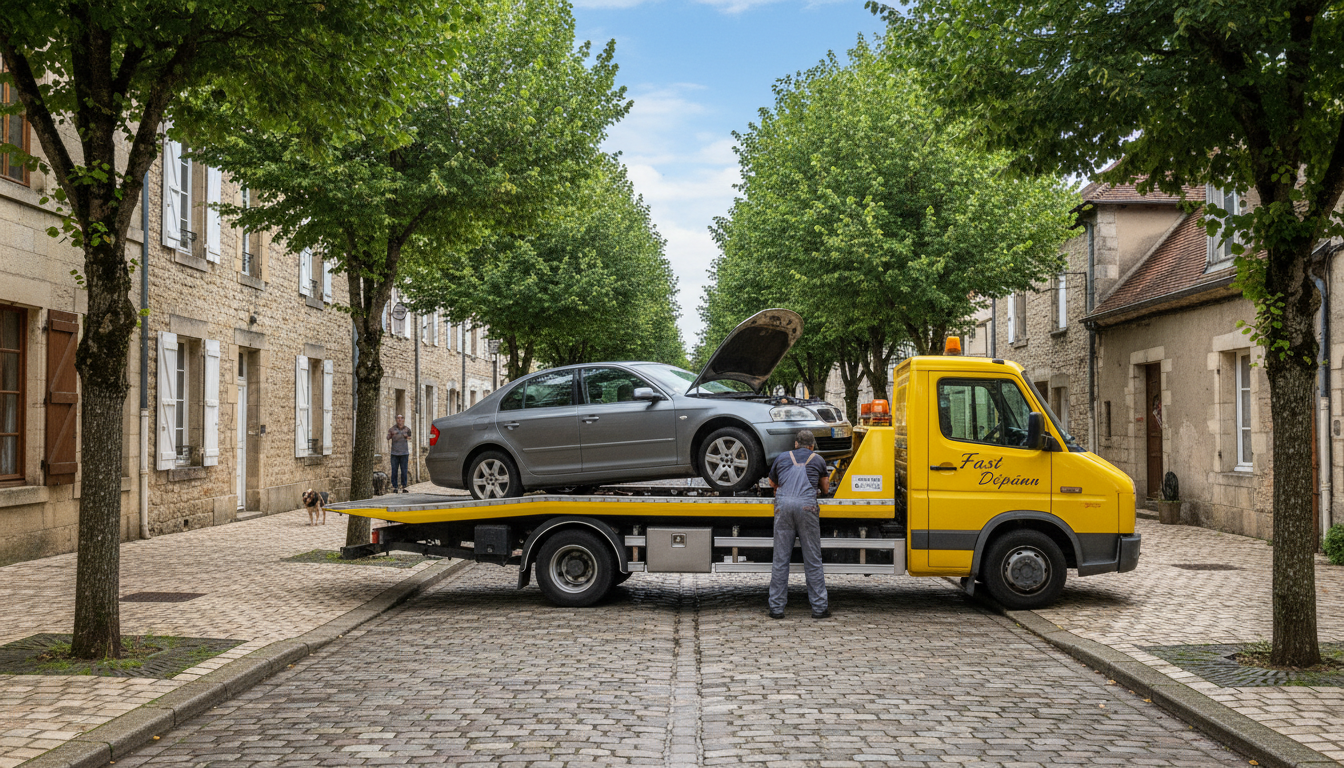 Un camion de dépannage Fast Depann intervient auprès d'une voiture en panne sur une route de Le Heaulme, Val d'Oise.