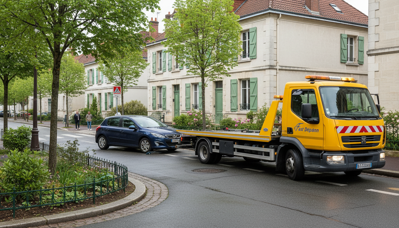 Dépanneuse Fast Depann en intervention rapide pour un dépannage auto à Le Plessis-Bouchard, Val d'Oise, sur une rue résidentielle.