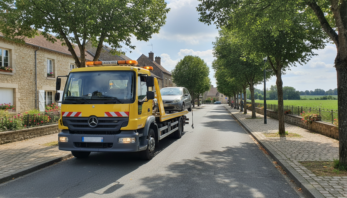 Dépanneuse Fast Depann intervenant sur une voiture en panne dans une rue de Le Plessis-Gassot (Val d'Oise)