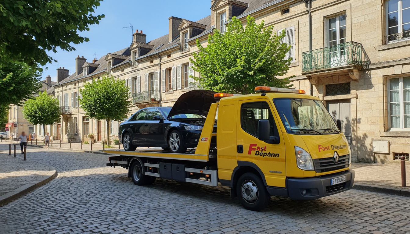 Un dépanneur Fast Depann remorque une voiture en panne dans une rue typique de Luzarches, Val d'Oise.