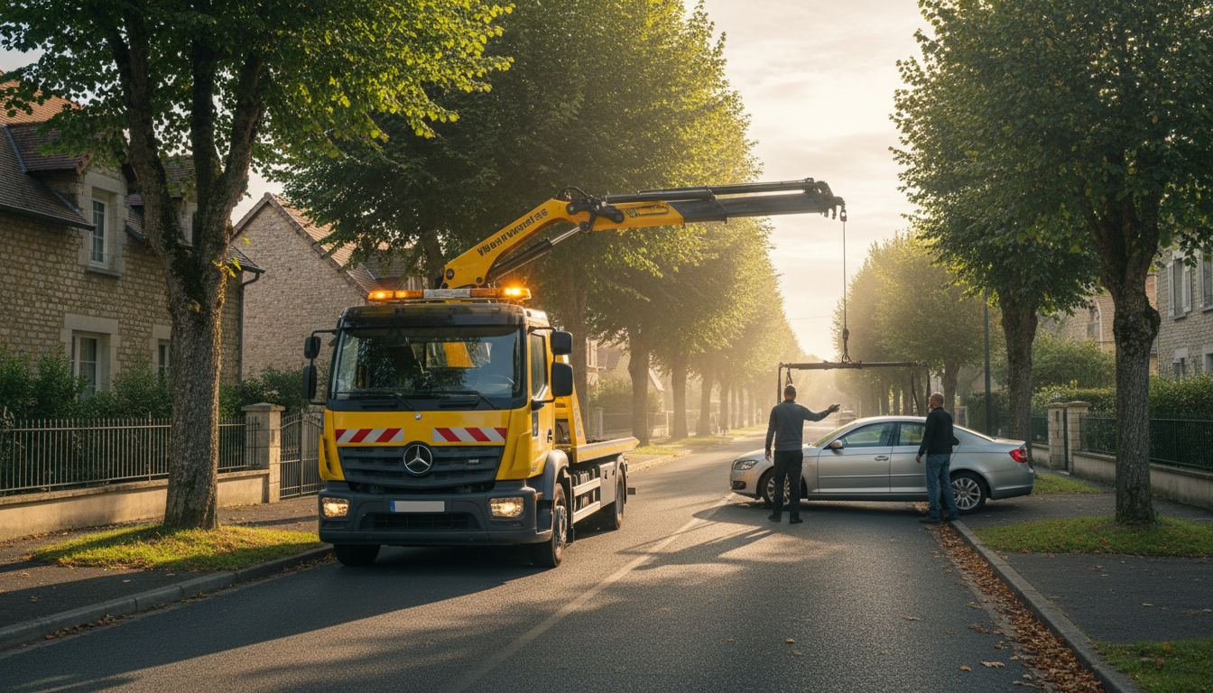 Un dépanneur Fast Depann en pleine intervention pour un dépannage auto à Maffliers, Val d'Oise, avec un véhicule remorqué sur une rue résidentielle.