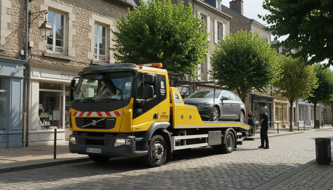 Un dépanneur Fast Depann intervient rapidement pour un dépannage auto à Magny-en-Vexin, Val d'Oise, sur une rue typique du Vexin.
