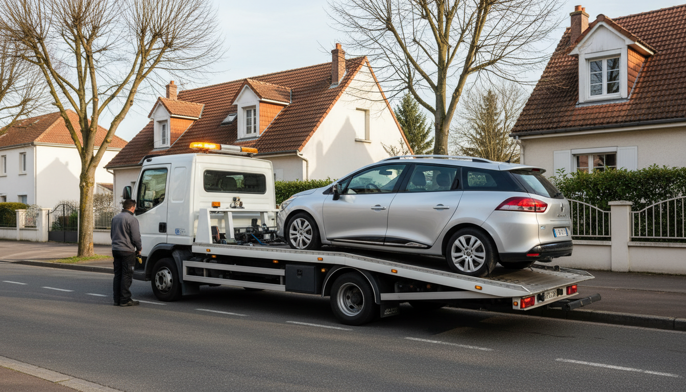 Dépannage auto rapide à Mareil-en-France par Fast Depann, un dépanneur intervient sur une voiture en panne dans une rue résidentielle du Val d'Oise.