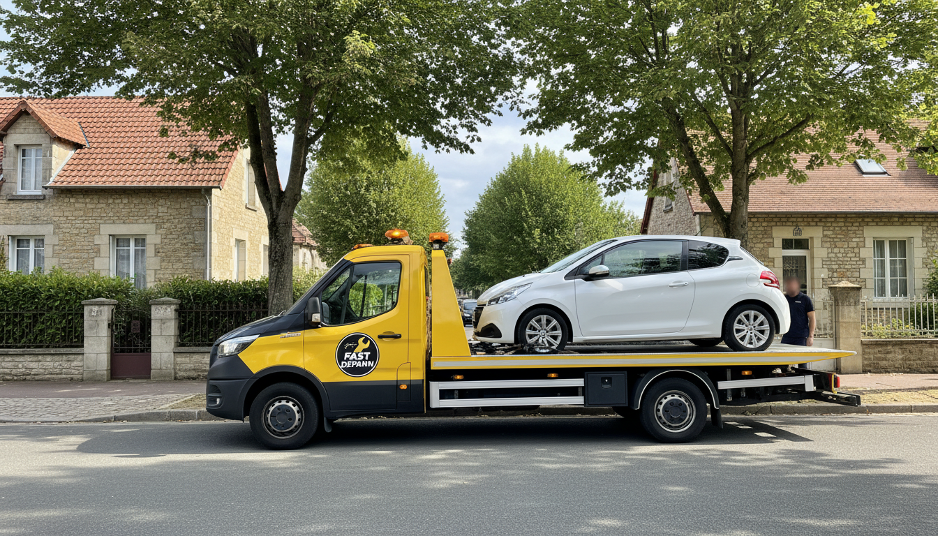 Un dépanneur Fast Depann intervient rapidement pour remorquer une voiture en panne dans une rue résidentielle de Margency, Val d'Oise.