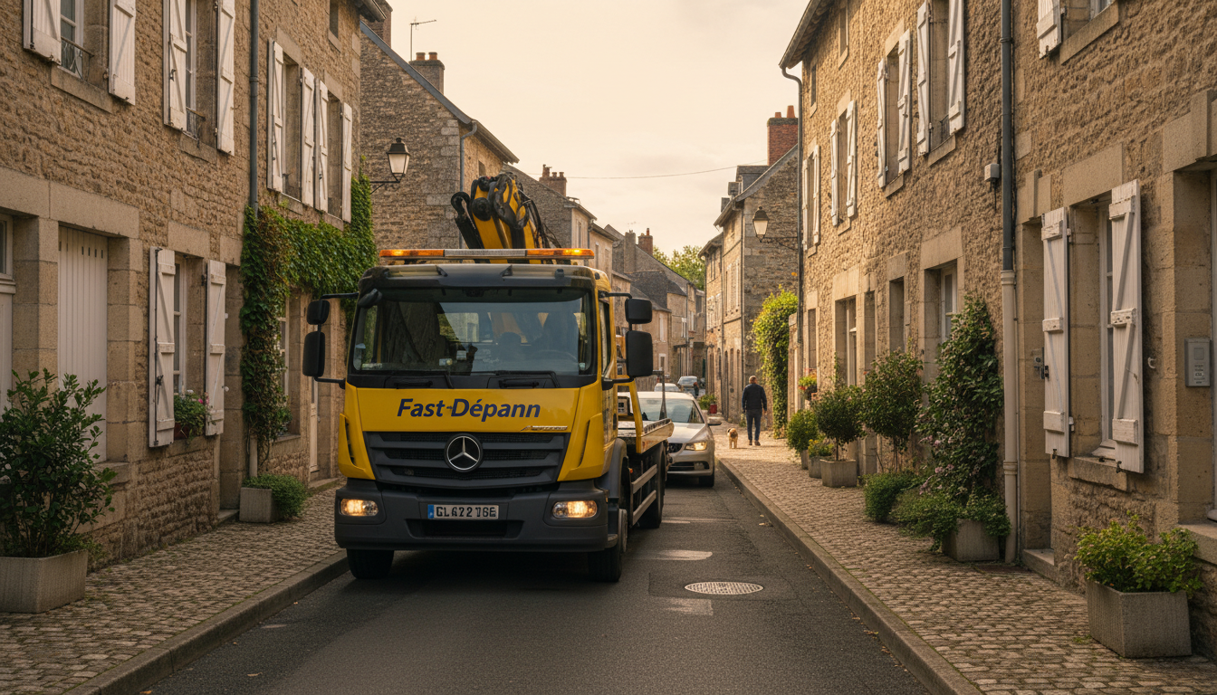Dépanneuse Fast Depann intervenant sur une voiture en panne dans une rue de Menouville, Val d'Oise.