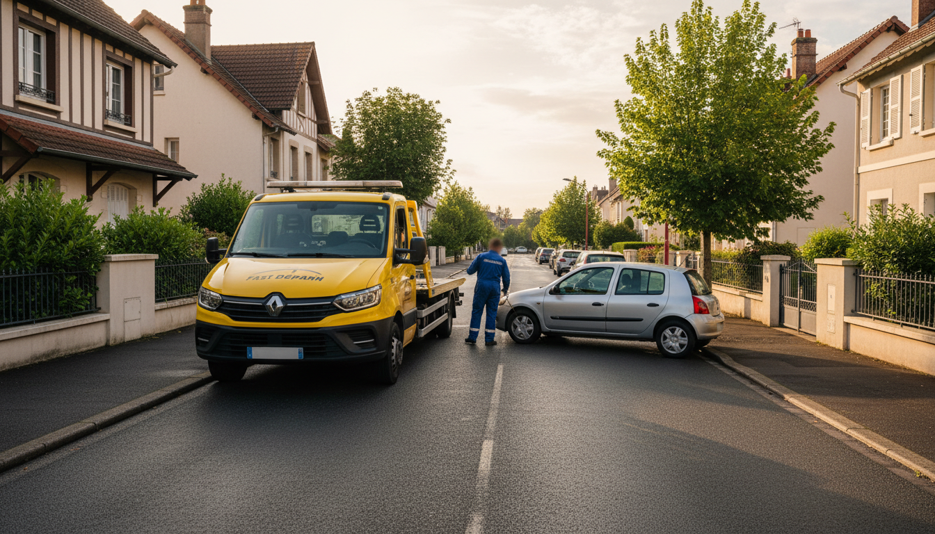 Un camion de dépannage Fast Depann intervient sur une voiture en panne dans une rue résidentielle de Mériel, Val d'Oise.