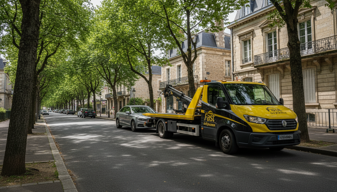 Dépanneuse Fast Depann intervenant sur une voiture en panne dans une rue typique de Méry-sur-Oise, Val d'Oise.
