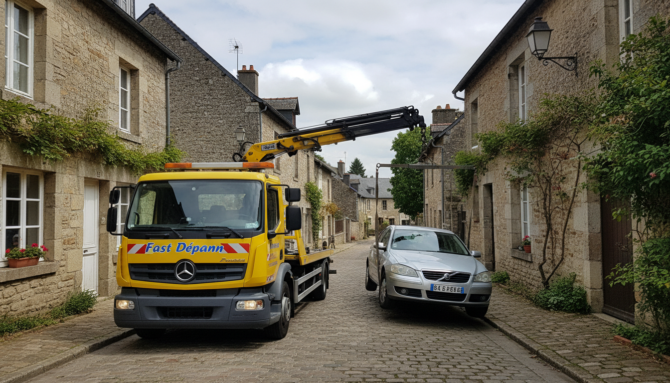 Dépanneuse Fast Depann intervenant sur une voiture en panne dans une rue de Montgeroult, Val d'Oise.