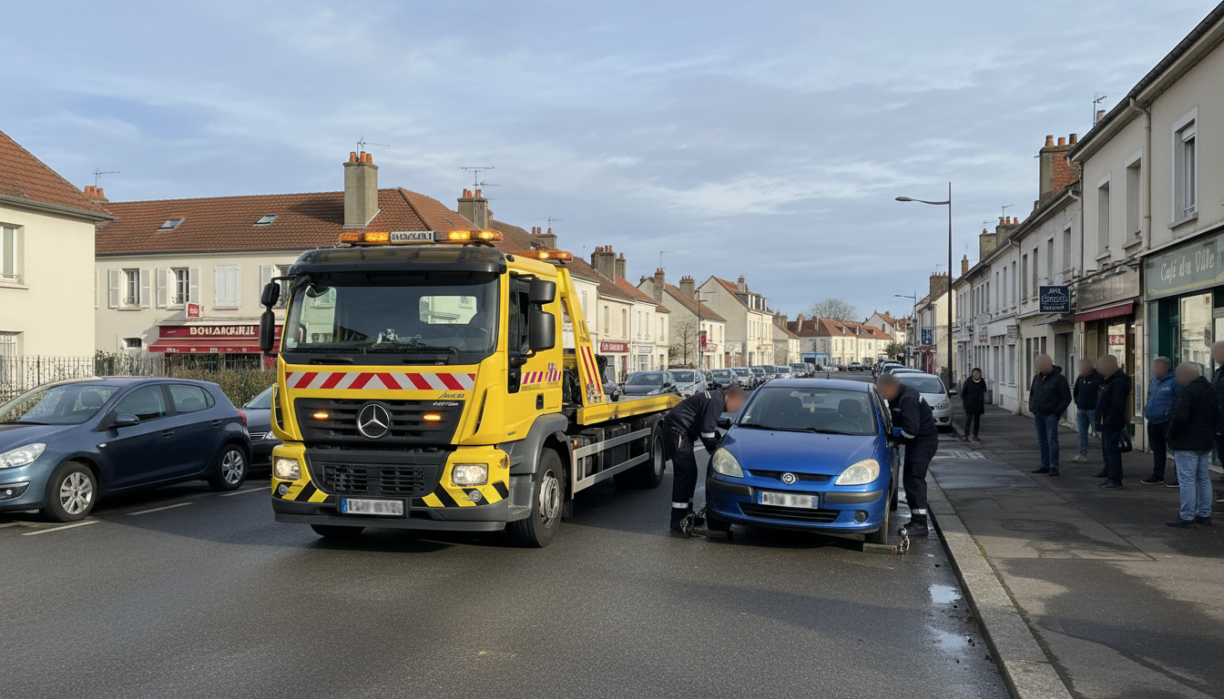 Dépanneuse Fast Depann intervenant sur une voiture en panne à Montigny-lès-Cormeilles, Val d'Oise.