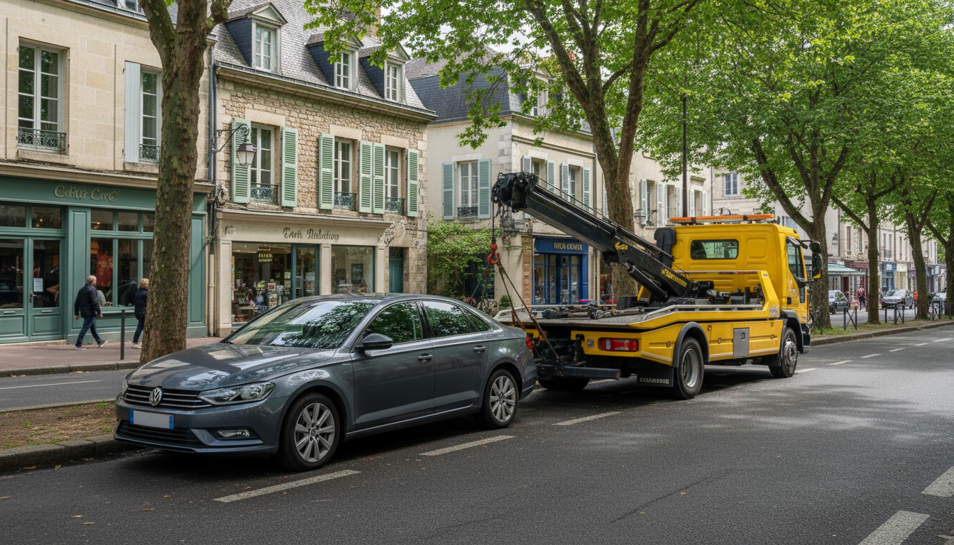 Dépanneuse Fast Depann en intervention sur un véhicule en panne dans une rue résidentielle de Montlignon, Val d'Oise.