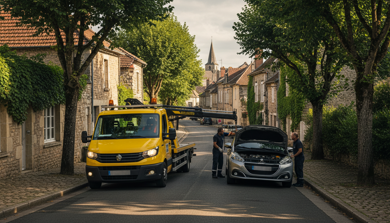 Dépanneuse Fast Depann intervenant sur une voiture en panne sur une route rurale de Montreuil-sur-Epte, Val d'Oise.