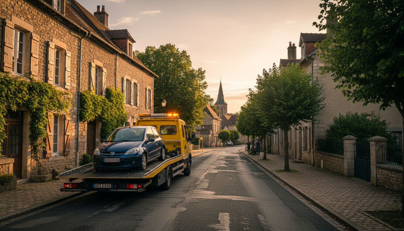 Dépanneuse Fast Depann intervenant sur une voiture en panne dans une rue calme de Nesles-la-Vallée, Val d'Oise.